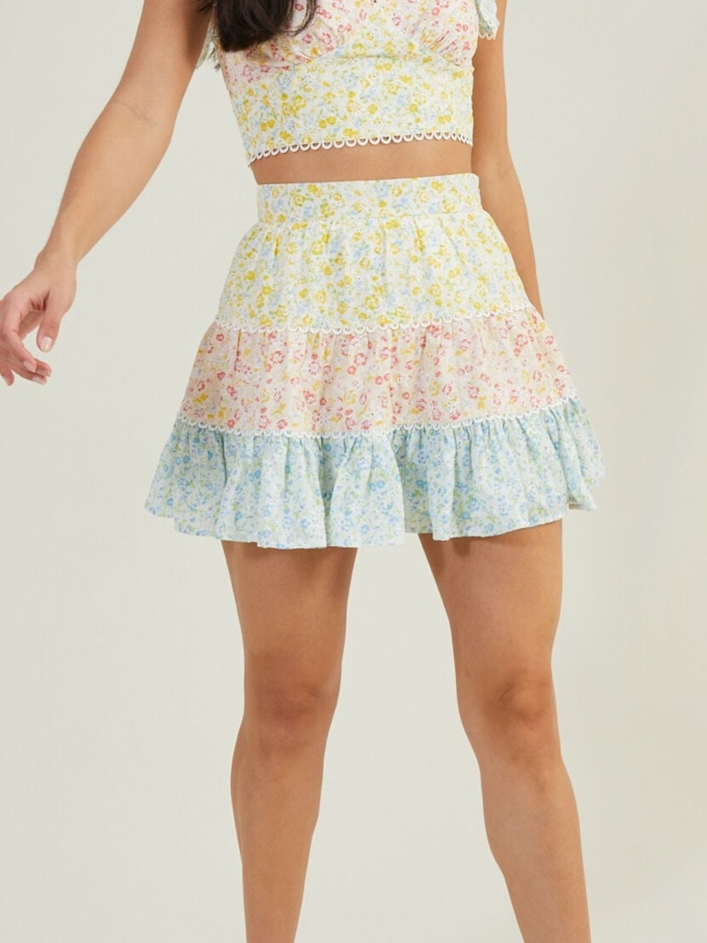 Altar'd State Pastel Yellow, Pink & Blue Tiered Ruffle Mini Skirt